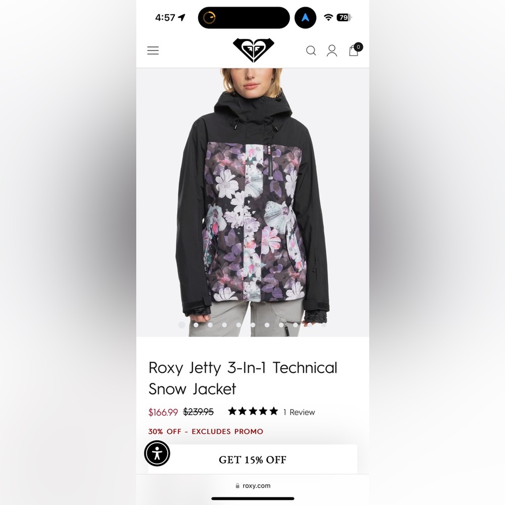 Roxy Jetty 3-in-1 Technical Snow Jacket in True Black Blurry Flower Size Small